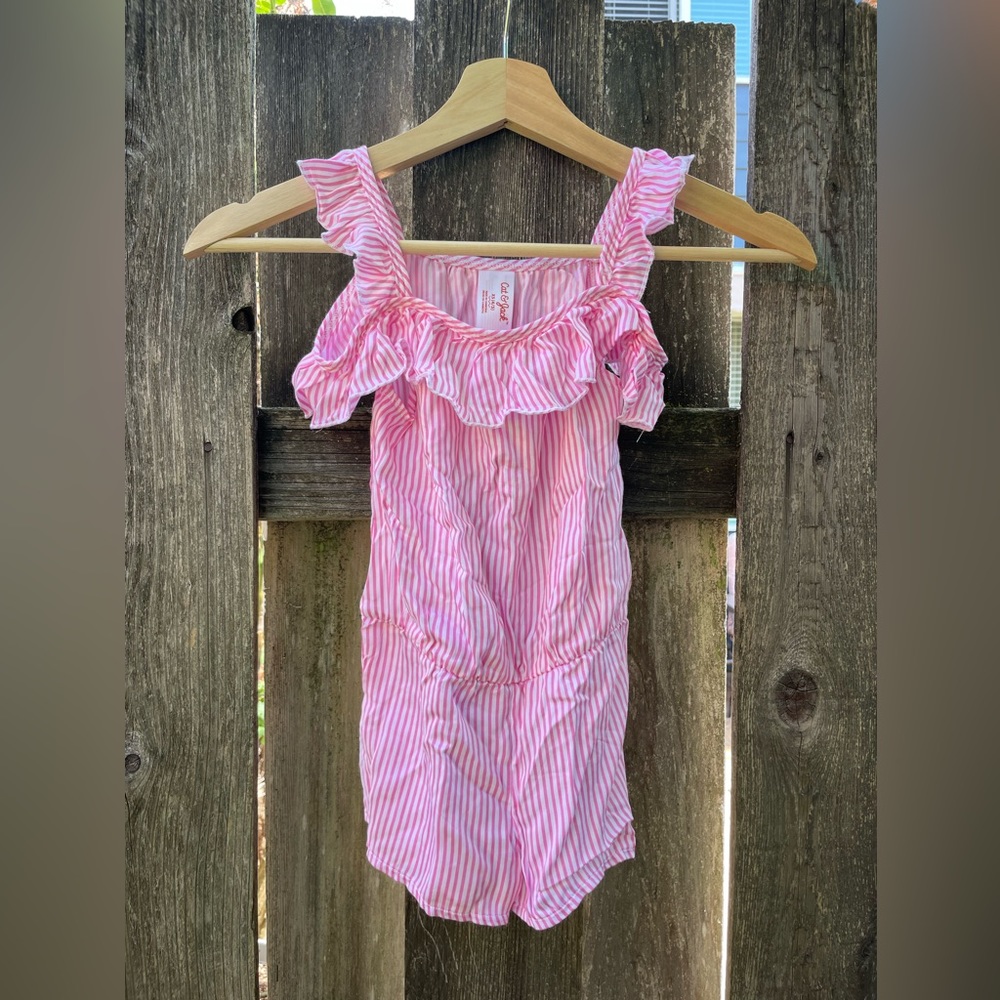Cat & Jack Pink Stripe Romper Shorts Flutter Sleeve Pull On Girls XS (4-5) NEW